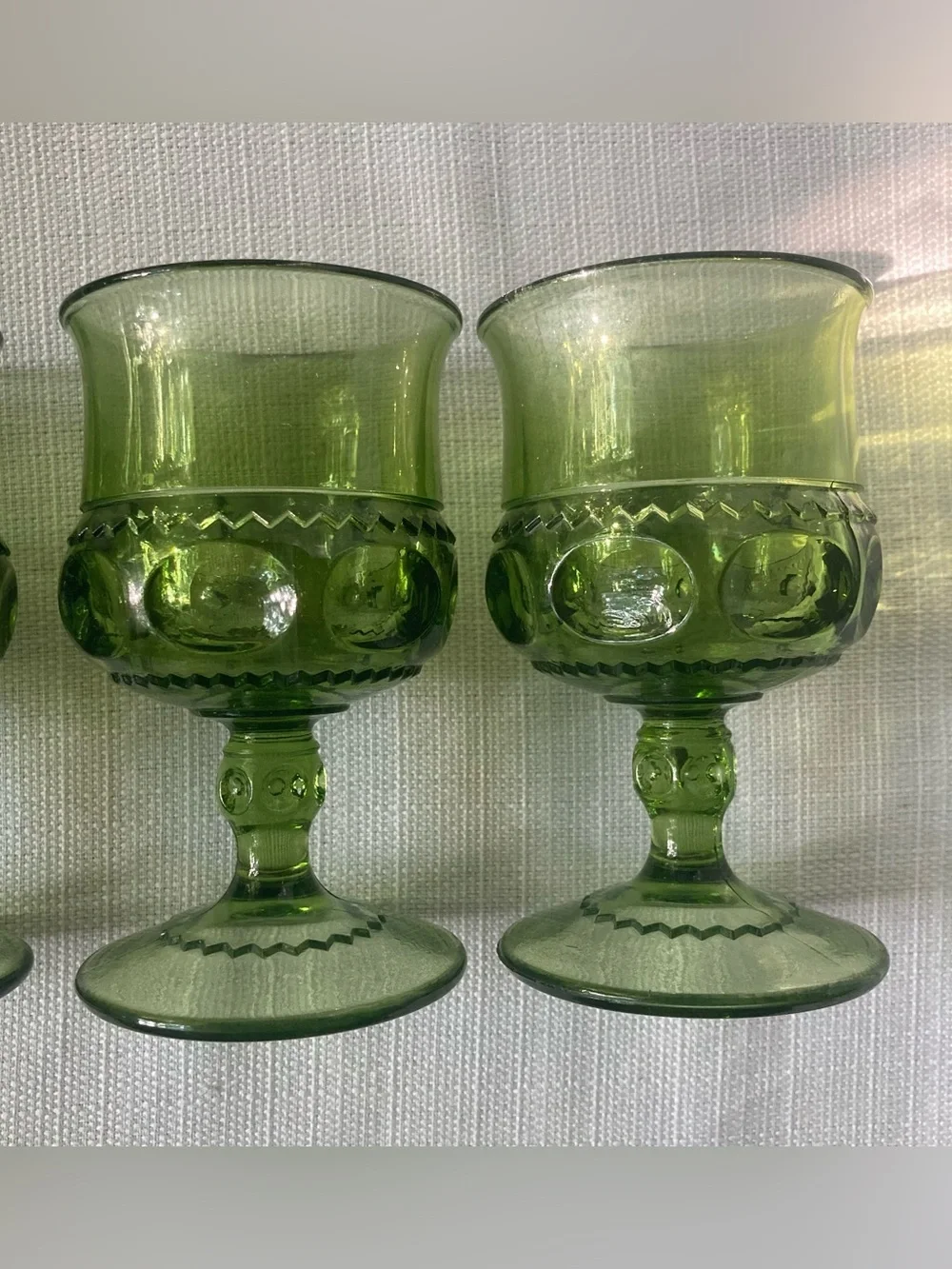 Set of 4 Vintage Indiana Glass King's Crown Green Thumbprint Design Goblets!